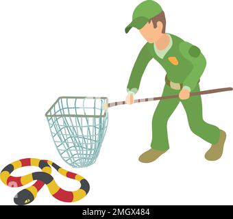 Coral snake icon isometric vector. Young man with landing net near milk snake. Reptile capture, herpetology