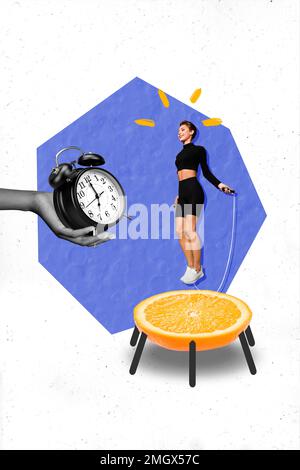Vertical creative photo collage of positive young girl jump on trampoline skipping rope competition isolated on yellow color background Stock Photo