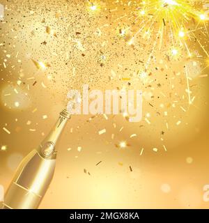 golden bottle of champagne with salute and confetti on golden background Stock Vector