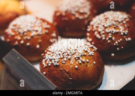 Variety assortment of traditional finnish sweets and pastries with cinnamon bun, and cardamon roll and rolls, butter bun and other, korvapuusti, laski Stock Photo