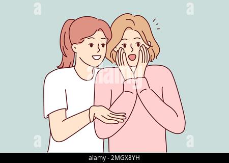 Woman shares gossip with friend by telling stories she read in tabloids or Internet. Girl is surprised to open mouth wide when she hears unexpected facts or sees attractive guy. Flat vector image Stock Vector