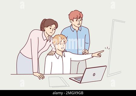 Teenage boy with afraid face points finger at window drawing attention parents to threatening person. Man and woman are standing near frightened son sitting at table with laptop. Flat vector design  Stock Vector