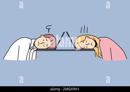 Tired couple sit at table fall asleep during computer work. Exhausted man and woman suffer from fatigue nap at laptop in office. Vector illustration.  Stock Vector