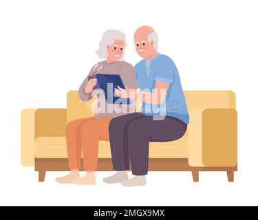 Elderly couple using tablet together semi flat color vector characters Stock Vector