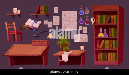 Cartoon set of furniture for alchemist room interior design. Vector illustration of wooden desk, chair, shelf with glass potion bottles and flasks, old books, ancient posters, potted plant and candle Stock Vector