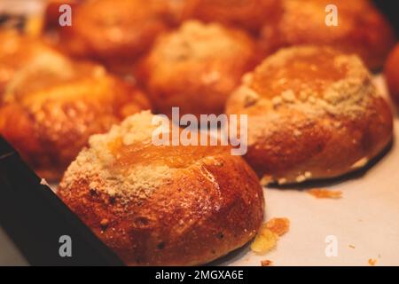 Variety assortment of traditional finnish sweets and pastries with cinnamon bun, and cardamon roll and rolls, butter bun and other, korvapuusti, laski Stock Photo