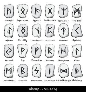 Viking runes white grunge stones set Stock Vector