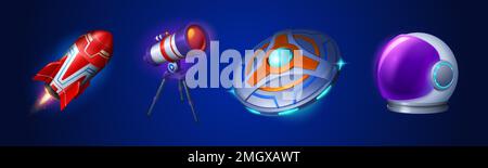 Cartoon set of space objects isolated on background. Vector illustration of colorful flying rocket with fire trail, astronomy telescope, alien UFO and astronaut helmet icons. Cosmos exploration Stock Vector
