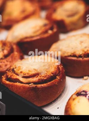 Variety assortment of traditional finnish sweets and pastries with cinnamon bun, and cardamon roll and rolls, butter bun and other, korvapuusti, laski Stock Photo