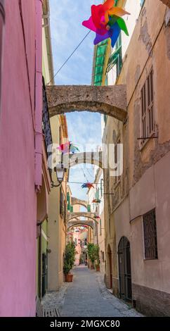 Idyllic alleyway in Santo Stefano al Mare, a comune in the Province of Imperia in the Italian region Liguria Stock Photo