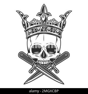 Gangster king skull in crown with crossed knife in vintage monochrome style isolated vector illustration. Skeleton of a bandit prince Stock Vector