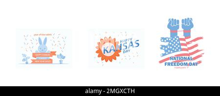 Chinese New Year 2023, Kansas Day, National freedom day, set flat vector modern illustration Stock Vector