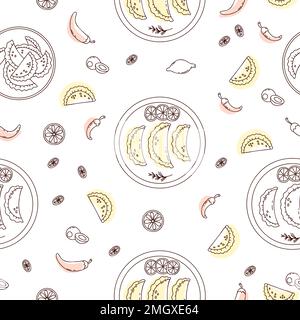 Seamless pattern with Mexican Empanadas with on white background. Vector illustration latin american food in linear doodle style for wallpaper, packag Stock Vector