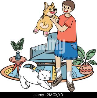 Hand Drawn The owner hugs the dog and catin the living room illustration in doodle style isolated on background Stock Vector