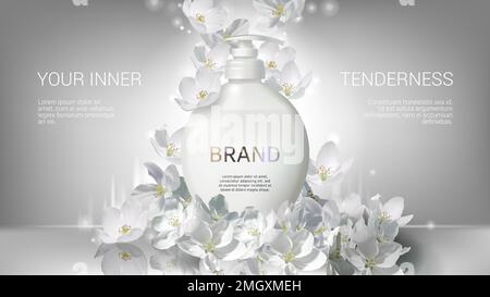 Cosmetic realistic white vector poster with liquid soap packaging and falling jasmine flowers. Skin care cosmetics body lotion, washing gel or cleancer in white bottle with pump. Mock-up promo banner Stock Vector