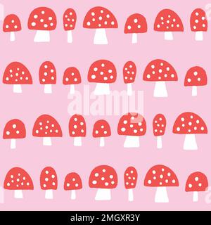Mushroom background pattern . Vector seamless repeat of red spotted hand drawn textured mushrooms.  Stock Vector