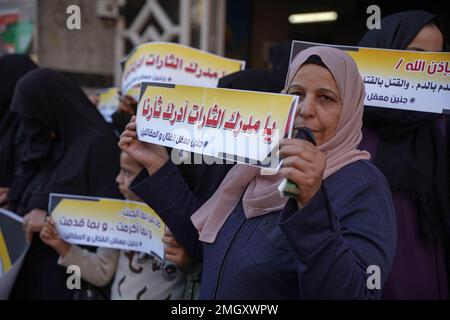 Gaza, Palestine. 26th Jan, 2023. (INT) The feminist framework in the Islamic Jihad movement organizes a stand-in of anger in Gaza. January 26, 2023, Gaza, Palestine: The womenÃ¢â‚¬â„¢s leadership of the Islamic Jihad Movement organized a stand of anger and denunciation in front of the Shawa and Husari tower in the center of the Gaza Strip, in denunciation of the storming of Jenin camp, which resulted in 8 martyrs and many injuries. (Credit Image: © Saher Elghorra/TheNEWS2 via ZUMA Press Wire) EDITORIAL USAGE ONLY! Not for Commercial USAGE! Credit: ZUMA Press, Inc./Alamy Live News Stock Photo