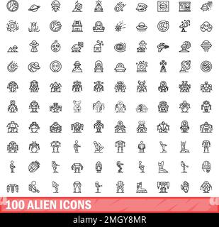 100 alien icons set. Outline illustration of 100 alien icons vector set isolated on white background Stock Vector