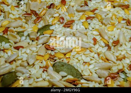 A mixture of many different seeds can be used in food and baking. Excellent food for birds. Stock Photo
