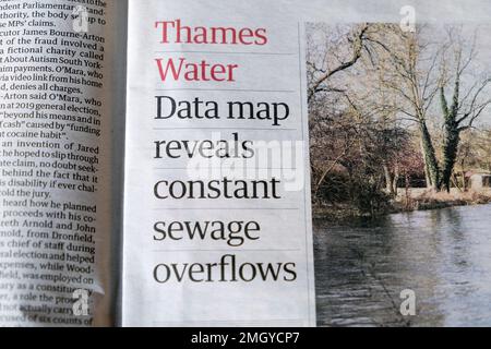 'Thames Water Data map reveals constant sewage overflows' Guardian newspaper headline environmental pollution article 24 January 2023 England  UK Stock Photo