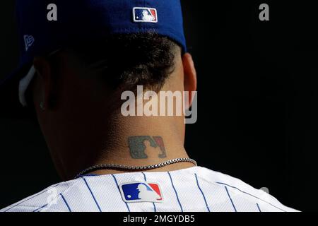 The major league baseball logo is tattooed on the back of Chicago Cubs' Javier  Baez neck as he gives autographs before a spring training baseball game  against the Colorado Rockies, Saturday, March