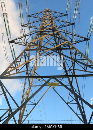 Scottish power & energy: close-up looking up through the legs of an electricity pylon as it towers upwards into the sky Stock Photo