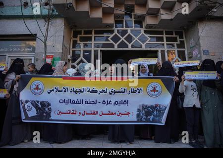 Gaza, Palestine. 26th Jan, 2023. (INT) The feminist framework in the Islamic Jihad movement organizes a stand-in of anger in Gaza. January 26, 2023, Gaza, Palestine: The womenÃ¢â‚¬â„¢s leadership of the Islamic Jihad Movement organized a stand of anger and denunciation in front of the Shawa and Husari tower in the center of the Gaza Strip, in denunciation of the storming of Jenin camp, which resulted in 8 martyrs and many injuries. (Credit Image: © Saher Elghorra/TheNEWS2 via ZUMA Press Wire) EDITORIAL USAGE ONLY! Not for Commercial USAGE! Credit: ZUMA Press, Inc./Alamy Live News Stock Photo