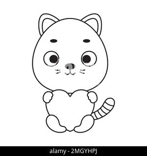 Coloring page cute little cat holds heart. Coloring book for kids. Educational activity for preschool years kids and toddlers with cute animal. Vector Stock Vector