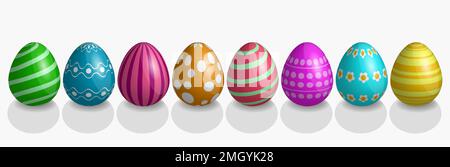 set of easter eggs with different decorations. Isolated on white background. Spring holiday. Happy Easter concept. Vector illustration Stock Vector