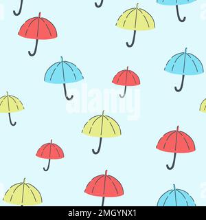 Seamless pattern with black umbrellas and leaves on a white background. Cute autumn print for textiles, wrapping paper design Stock Vector