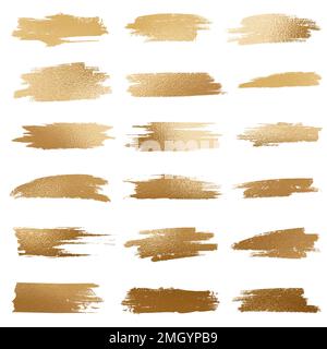 Golden glitter brush set isolated on white background, collection of gold splashes and strokes Stock Photo