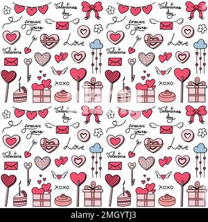Valentines day vector seamless pattern. Doodle hand drawn illustration of cute romantic love background.. Stock Vector