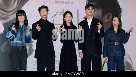 Seoul, South Korea. 26th Jan, 2023. (L to R) Taiwanese-South Korean singer-songwriter Sun Sheng Xi, Taiwanese actors Patrick Shih, Alice Ko, Greg Hsu and Producer Ma Yi-ting, photocall for the Taiwanese Film ‘Someday or One Day' Press Conference at CGV Cinema in Seoul, South Korea on January 26, 2023. It is scheduled to be released theatrically on January 27, (Photo by Lee Young-ho/Sipa USA) Credit: Sipa USA/Alamy Live News Stock Photo