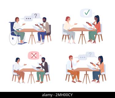 Headhunters asking questions on interview semi flat color vector characters set Stock Vector