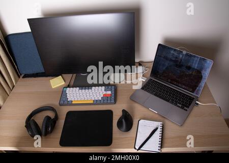 photo of many items on a wooden desk in the apartment Stock Photo