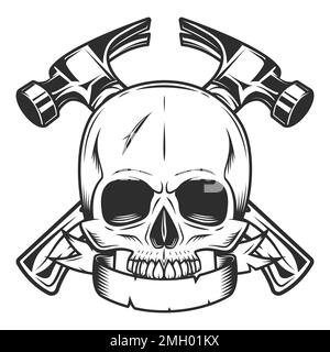 Builder crossed hammers from new construction and remodeling house business with skull and ribbon in monochrome vintage style illustration Stock Vector