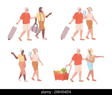 Senior travelers semi flat color vector characters set Stock Vector