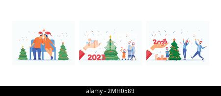 Couple kissing at Christmas, Santa Claus hand gives gifts, Happy family near traditional xmas tree, christmas celebration, set flat vector modern illu Stock Vector