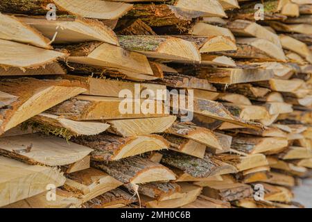 Stacked wood in the sawmill close up Stock Photo