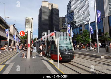 Light Rail tram pulling into Circular Quay station, Sydney, Australia Stock Photo