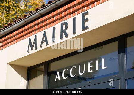 city hall facade with mairie accueil means in french town hall entrance in France Stock Photo