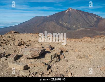 Close up view on colorful volcano pico del teide highest spanish mountain in Tenerife Canary island from mount Alto de Guajara with blue sky Stock Photo