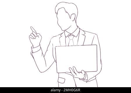 businessman is pointing while holding a laptop hand drawn style vector illustration Stock Vector
