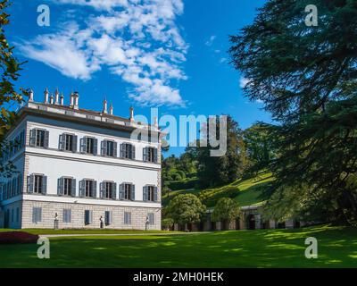 green lawn and main building of villa Melzi garden , Bellagio, Como lake, Lombardy, Italy Stock Photo