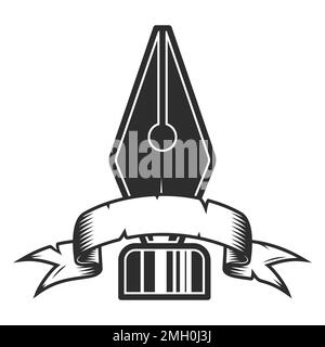 Fountain pen with ribbon in vintage monochrome style isolated vector illustration Stock Vector