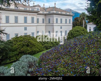 green lawn and main building of villa Melzi garden , Bellagio, Como lake, Lombardy, Italy Stock Photo