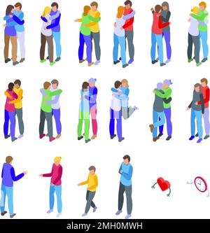 Warm embrace icons set isometric vector. Couple hug. Happy family Stock Vector