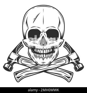 Skull and crossed builder hammers from new construction and remodeling house business in monochrome vintage style isolated vector illustration Stock Vector