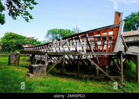 wooden Boat hull skeleton in manufacturing and restoration Stock Photo