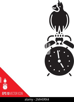 Cardinal bird on classic alarm clock vector glyph icon. Early Bird concept. Stock Vector